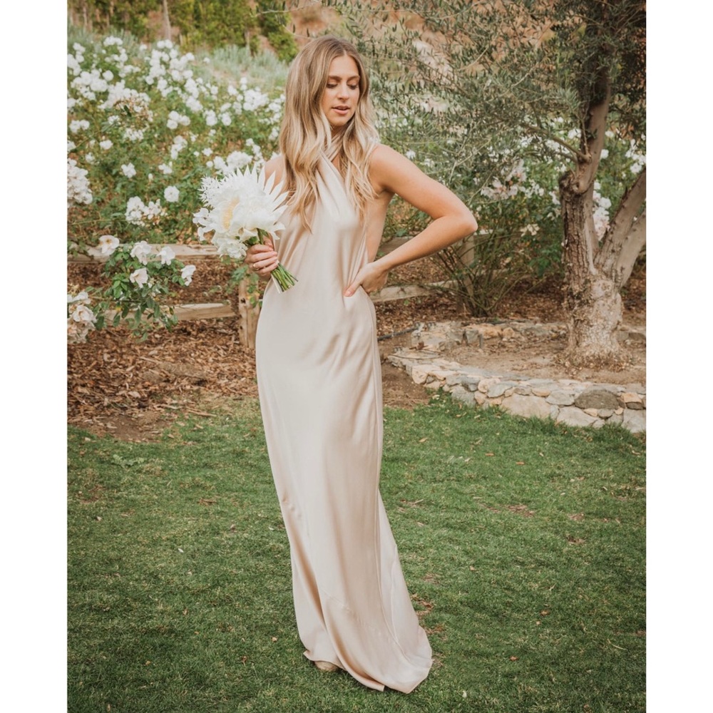 Show Me Your MuMu | Jasmine Halter Maxi Dress in Champagne Luxe Satin